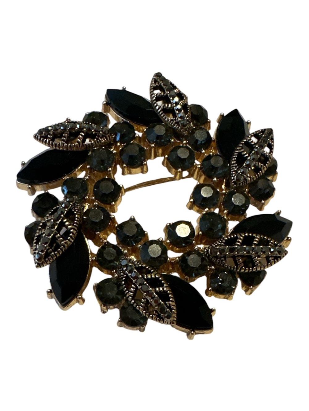 Vintage Napier Gold Tone Wreath Brooch Black & Green Rhinestone Pin